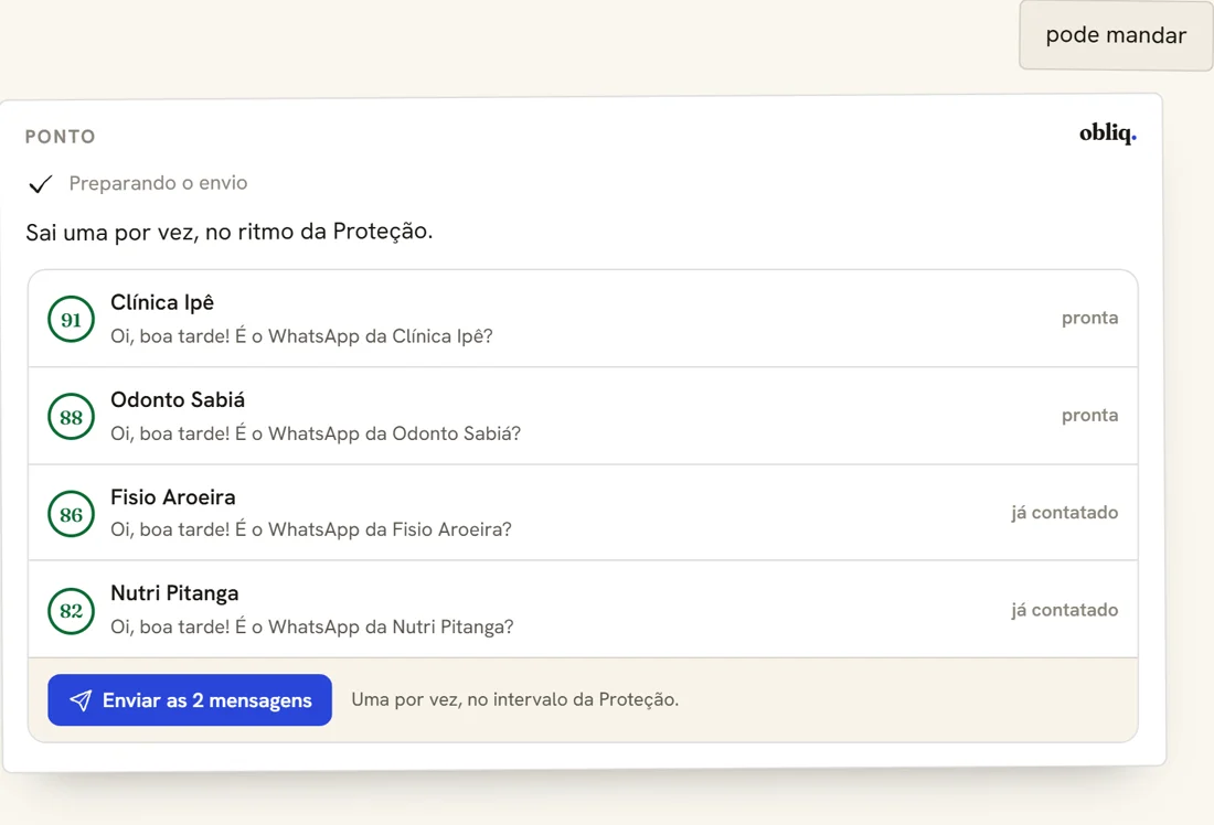 O envio: quatro mensagens prontas, uma por vez