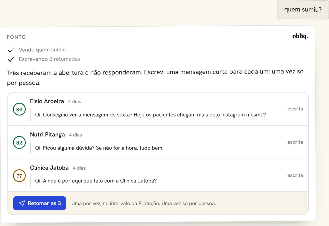 Retomar: três clínicas que não responderam, cada uma com uma mensagem curta